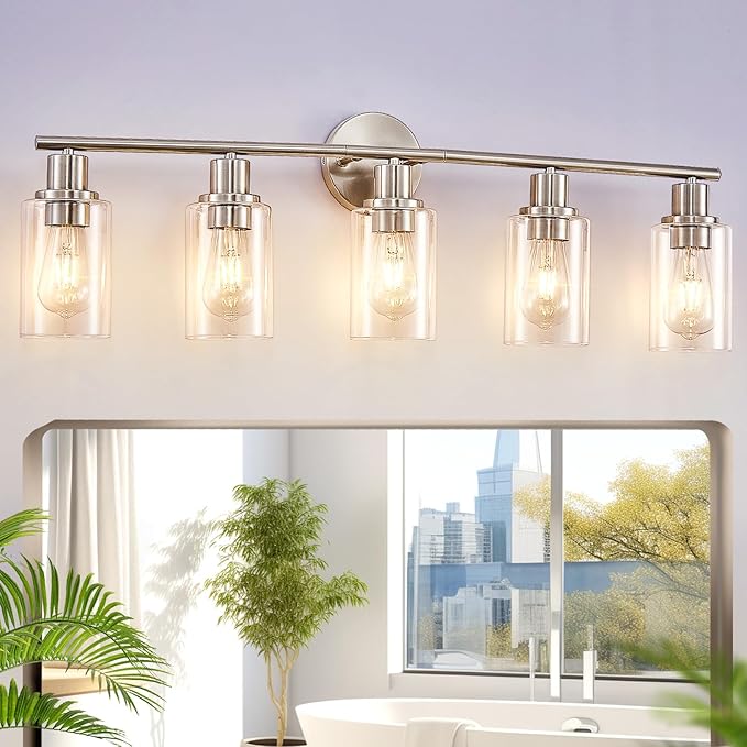 DLLT 6-Light Bathroom Light Fixtures: Nickel Modern Vanity Lights with E26 Bulbs - Clear Glass Shade Bathroom Wall Lamp for Mirror Kitchen Living Room Hallway Cabinet Porch