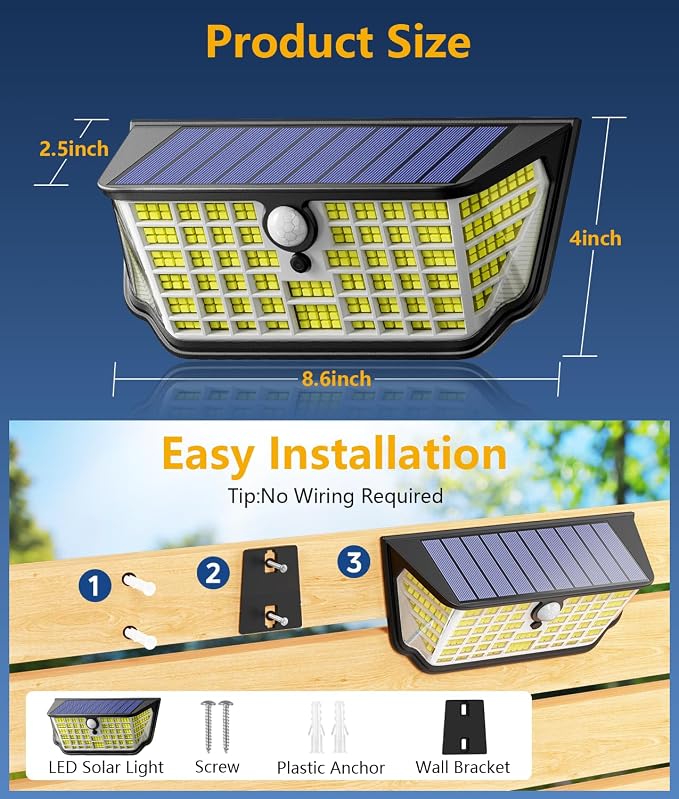 Solar Motion Sensor Lights Outdoor 2Pack, 4500LM & 300° Wide Motion Sensor, 7000K Solar Flood Lights Solar Powered, 3 Lighting Modes Solar Security Spot Lights Waterproof for Fence Wall Yard Deck