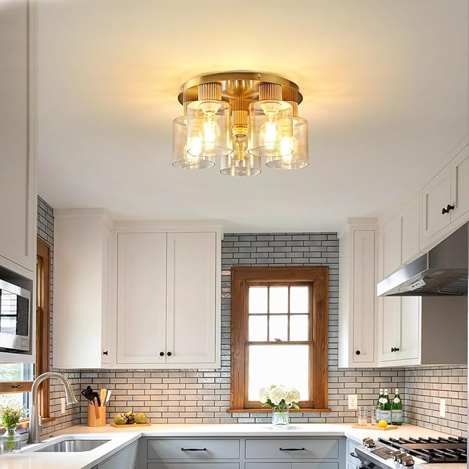 5-Lights Semi Flush Mount Ceiling Light Kitchen Lighting Fixtures Ceiling Gold Solid Wood Kitchen Cieling Light Fixtures with Clear Glass Shade for Dining Room Entryway Foyer Hallway