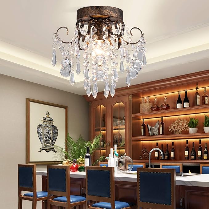 Q&S Small Crystal Ceiling Light Fixture Flush Mount,Black Ceiling Lights Modern Chandelier,Bedroom Hallway Closet Light Fixture,Dia9.5 1 Light.