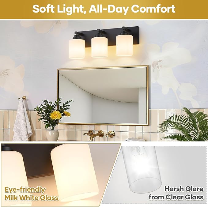 Bathroom Vanity Light Fixture, 3-Light Matte Black Bathroom Light Fixtures Over Mirror with Milky White Glass Shades, Modern Vanity Lights for Bathroom Living Room Hallway (Bulbs Not Included)