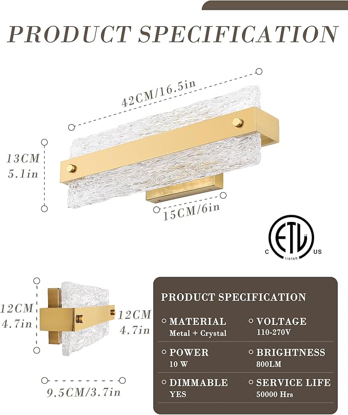 Brushe Gold Bathroom Vanity Light, 16.5 Inch 10W Dimmable LED Bathroom Light Fixture Over Mirror, Modern Crystal Bar Bath Wall Sconce for Bath, 3CCT, OS-MM5001-2BG