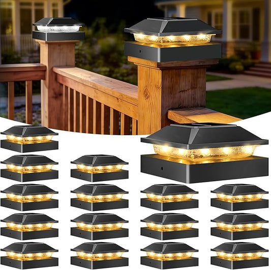 Peasur 4x4 Solar Post Cap Lights, 2 Modes 16 LED Post Solar Lights Waterproof, 16 Pack Black Fence Deck Lights Fit Wooden/Vinyl Post for Porch Patio
