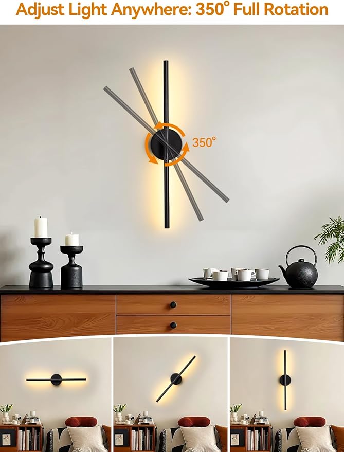 Battery Operated Wall Sconce, Modern Wireless Wall Lights with Remote & Touch Control, 24 Inch Black Dimmable Rechargeable LED Wall Lamps with 3 Colors & Timer for Bedroom, Living Room, Hallway