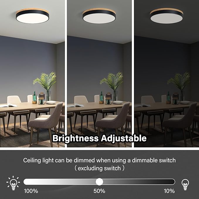 Modern LED Ceiling Light, Dimmable Wood Flush Mount Ceiling Lighting Fixture, 5CCT Round Wood Close to Ceiling Lamp for Kitchen Hallway Bathroom Office Laundry Room Entryway Nursery(Black& 15.75 in)