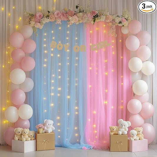 Pink and Blue Tulle Backdrop Curtains with Lights String – 2 Panels 5x8ft Sheer Backdrop for Gender Reveal, Baby Shower, Boy or Girl Birthday Party, Photo Shoot, Party Decorations