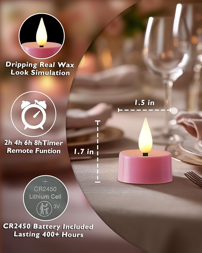 Amagic Flameless Pink Timer Remote Tealights Candles, 3D Black Wick Flickering Tea Light, 300+Hour Colored Votive Candles Battery Operated, Set of 24 for Romantic Wedding Decor, Baby Showers, Proposal