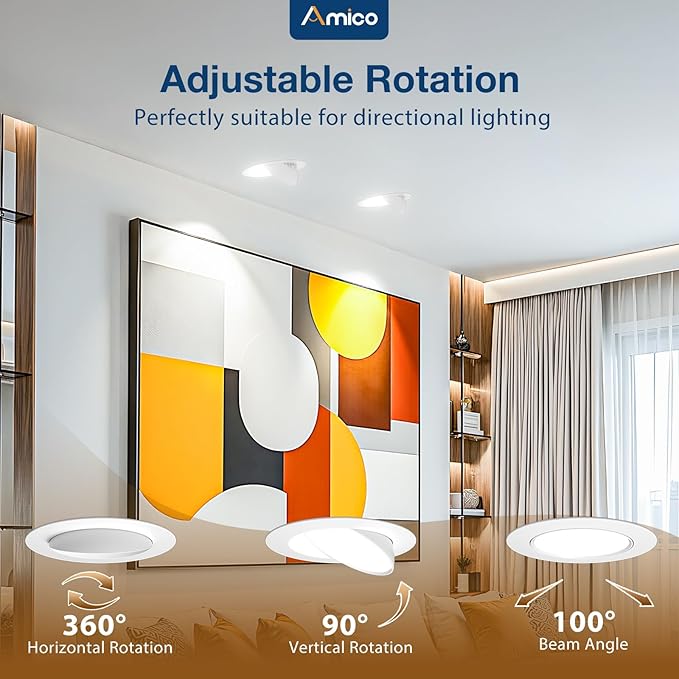 Amico 6 Pack 3 Inch 5CCT Gimbal LED Recessed Lighting, 360°&90°Adjustable Eyeball Directional Downlight, Dimmable, 2700K/3000K/3500K/4000K/5000K Selectable, 8W 600LM CRI90+, ETL&FCC, White