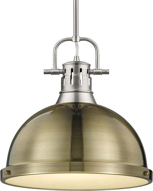 Golden Lighting 3604-L PW-AB Duncan Pendant, Transitional, Pewter with Aged Brass Shade