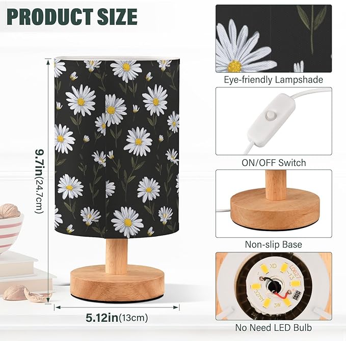 Aslsiy White Daisy on Black Bedside Table Lamp Cute Flower Nightstand Lamp Night Light Fabric Shade for Bedroom Living Room Home Office