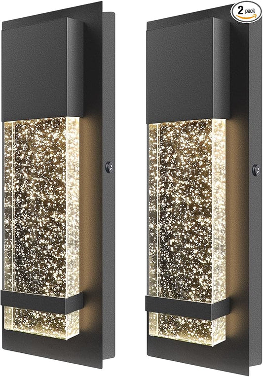PARTPHONER Modern Wall Sconce, LED Wall Light with Crystal Bubble Glass Modern Porch Light Outdoor Indoor Wall Fixture 12W Lumen 3000K for Doorway Garden Hallway Patio Living Room, 2 Pack