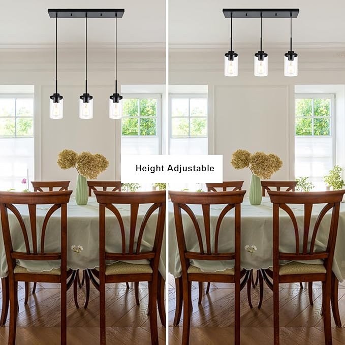 Pendant Lights Fixtures with Clear Glass Black Kitchen Light fixtures 3-Lights Hanging Light for Kitchen Island Dining Room Height Adjustable