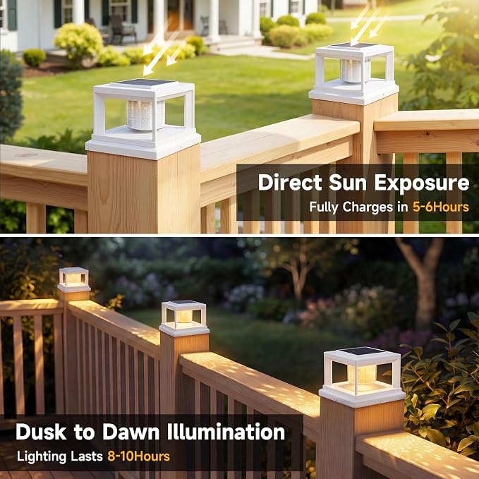 FOLKSMATE Solar Post Cap Lights 12 Pack, 2 Lighting Modes Cool/Warm White Outdoor Solar Powered, Waterproof Fence Deck Lights for 4×4 3.5×3.5 Wood Vinyl Posts, for Garden Patio Porch Decor, White