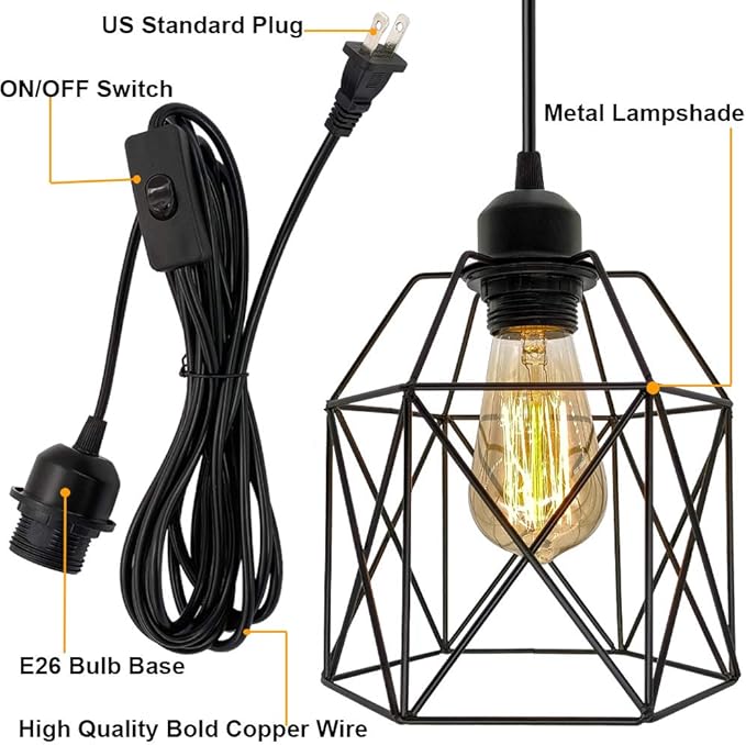 OmiSun Industrial Plug in Pendant Light, Black Cage Pendant Light Fixture with On/Off Switch, E26 Socket Vintage Hanging Light, Farmhouse Pendant Lighting for Kitchen Living Room Dining Room
