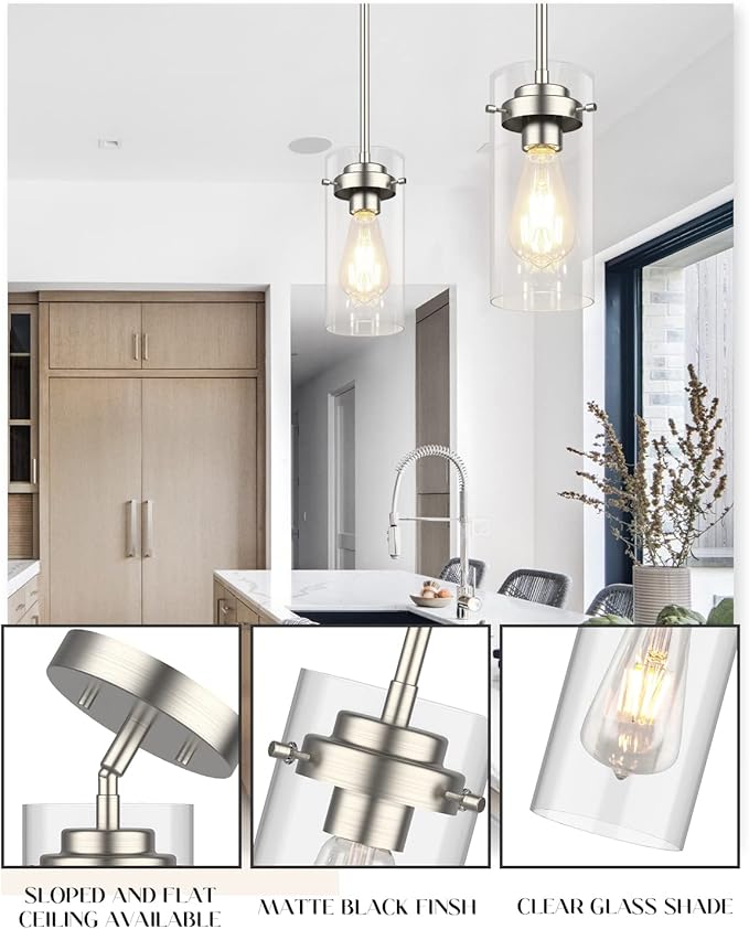 EAPUDUN Pendant Light (2 Packs), Kitchen Ceiling Hanging Light, Adjustable Height, Kitchen Light Fixtures Brushed Nickel Pendant Lights, Farmhouse Pendant Lighting for Sink Island, Home Décor Lighting