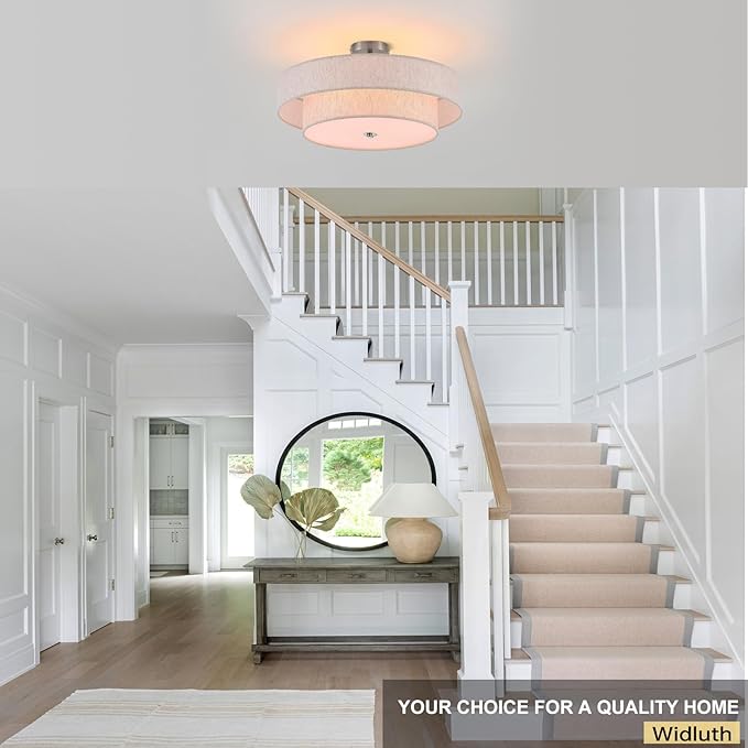 21.7" Modern Semi Flush Mount Ceiling Light 4-Lights Linen Drum Ceiling Lighting with Chrome Finish, Vintage Ceiling Light Fixture for Laundry Room, Kitchen, Living Room, Dining Room, Bedroo