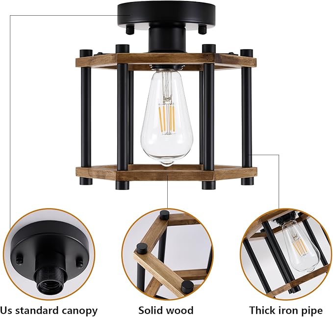 Dijiahua 1-Light Rustic Farmhouse Wood Flush Mount Ceiling Light Fixture, Small Black Semi Flush Mount Ceiling Lighting with Oak Wooden and Hexagonal Cage for Hallway Entryway Bedroom Kitchen