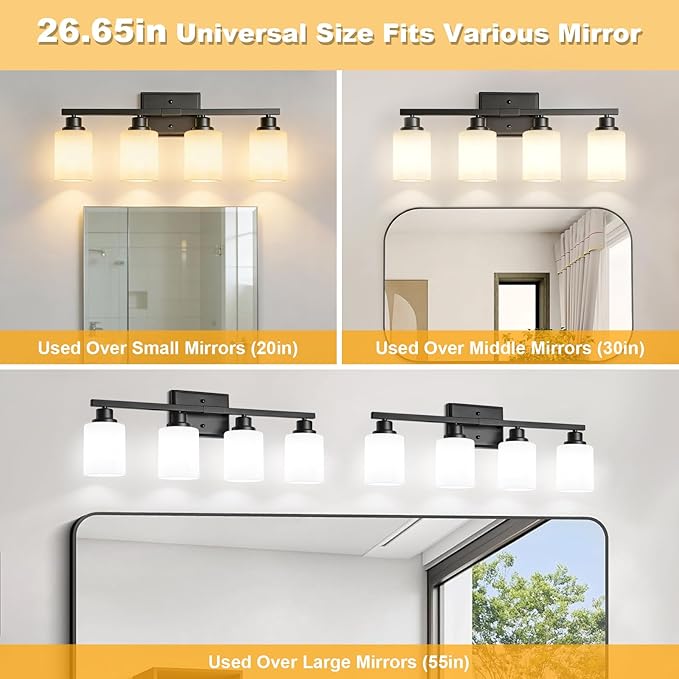 Unicozin 4-Light Bathroom Light Fixtures, Modern Black Vanity Light Over Mirror, Wall Sconces with Milky White Glass Shades for Living Room Bedroom Hallway E26 Base