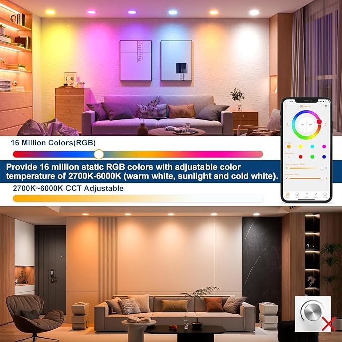 SikSog Black Smart Recessed Lighting 6 Inch RGBCW Color Changing 16W LED Downlight with Junction Box,1350 Lumen Recessed Ceiling Light Compatible with Alexa,Dimmable by Bluetooth Control -12Pack