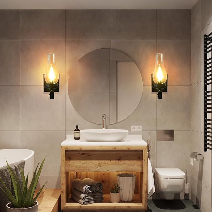 Rustic Wall Sconces Sets of 2, Black Hardwired Farmhouse Wall Sconce Indoor, Retro Wall Lamps with Amber Glass, Vintage Bedside Sconces Wall Lighting Lantern for Living Room Bathroom