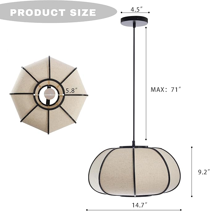 15" Bamboo Pumpkin Pendant Light, Adjustable 71" Hanging Lamp with Boho Japandi Fabric Shade, Ceiling Light for Dining Room, Kitchen, Bedroom, E26 Base (Black Color)