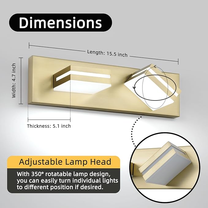 OKELI 2 Light Bathroom Vanity Light Gold Modern 16W LED Dimmable Vanity Light Over Mirror 350° Adjustable Lamp Head Cold White 6000K ETL Listed 15.5Inch