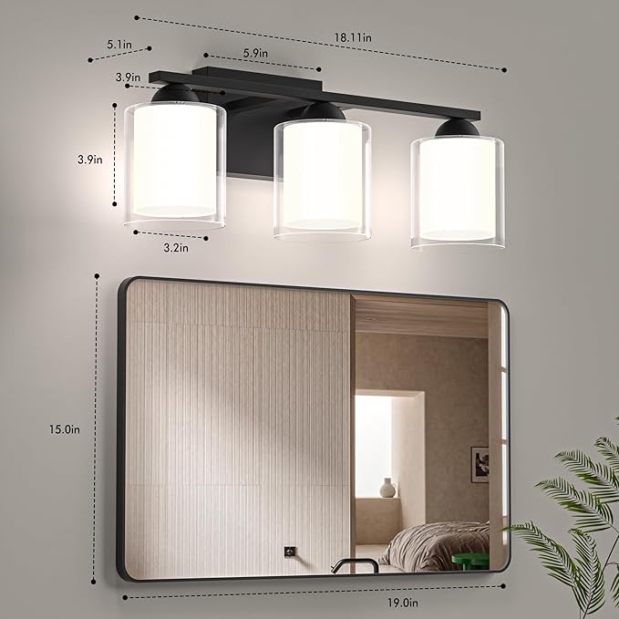 Quntis Black Bathroom Lighting Fixtures Over Mirror with 5 Color Modes, 3 Light Dimmable LED Bathroom Vanity Light, with Eye Care Milk White Frosted Glass, 21W Energy Saving, 16 Inch (Bulbs Included)