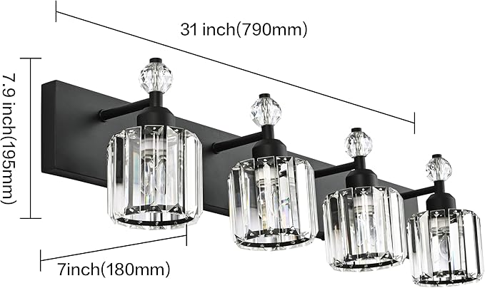 PRESDE Crystal 4- Light Vanity Light for Bathroom，Modern Matte Black Bathroom Lights Fixtures Over Mirror Wall Sconce