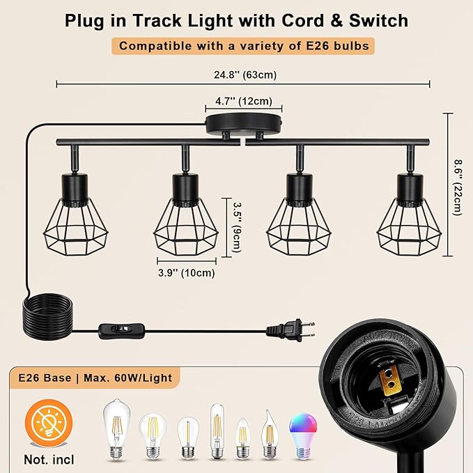 HiBay Plug in Track Lighting Fixtures Ceiling, Adjustable 4-Light Track Light Black, Directional Modern Ceiling Spotlight E26 with 16.4ft Cord & in-Line On/Off Switch for Kitchen Living Room Dorm