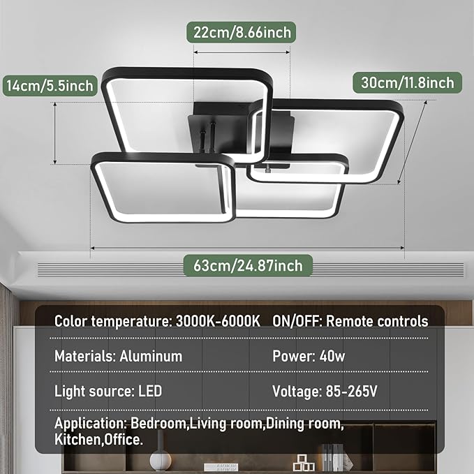EIDISUNY Modern Led Ceiling Light Fixtures for Living Room, Dimmable Square Ceiling Lighting Fixture with Remote Control, 3 Colors Flush Mount Ceiling Light for Dining Room, Kitchen, Living Room