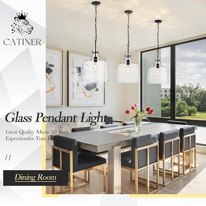 CATINER 12" Black Seeded Glass Pendant Light, Modern Farmhouse Hanging Ceiling Light Fixture for Kitchen Island, Dining Room, Hallway, Hand-Blown Bubble Glass Shade, E26 Dimmable Pendant Lighting