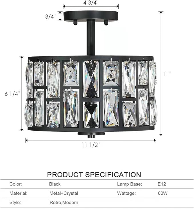 MEXO Farmhouse Crystal Round Semi Flush Mount Close to Ceiling Light Fixture, Drum Shade 3LT Ceiling Lamp for Kitchen Island Dinning Room Bedroom, Hallway Black Finish