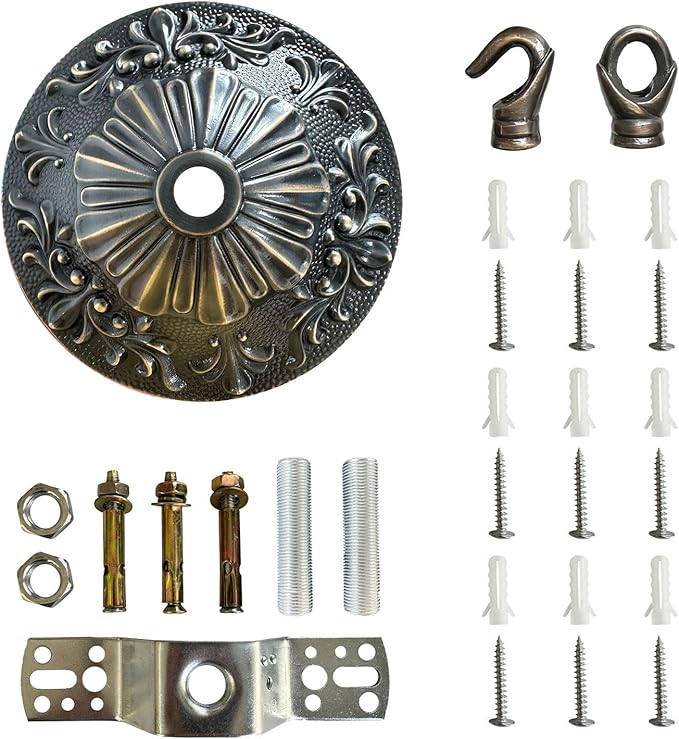 5.51" All Copper Ceiling Cover Plate, Heavy Duty Retro Black & Gold Solid Brass Carved Chandelier Ceiling Canopy Base, Light Canopy Kit, Chandelier Parts with Dual Ceiling Hooks for Light(Open/Closed)