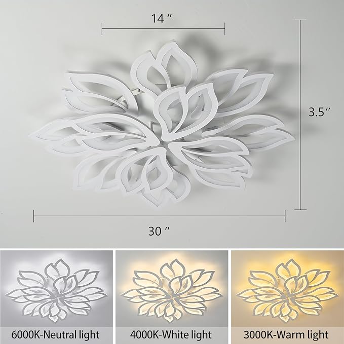 HuixuTe Modern White Flower Ceiling Light Fixture, 30 Inch Dimmable Flush Mount with 12 Leaves, Low Profile for Living Room, Dining Room, Bedroom