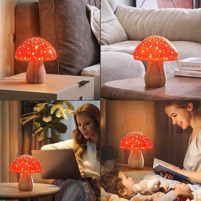 BOHON Mushroom Lamp, Ceramic Bedside Table Lamp for Bedroom Nightstand, Retro Vintage Red Night Light, Small Lamp for Living Room Desk Home Decor Aesthetic, LED Bulb Included, Red