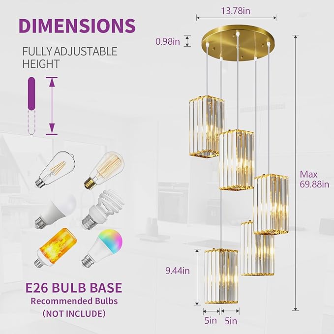 Modern Pendant Light Gold Rectangle Pendant Lighting Mini Crystal Chandeliers Adjustable Pendant Light Fixture for Kitchen Island Dinning Room Living Room Corridor Bedroom(Gold 5-Light)