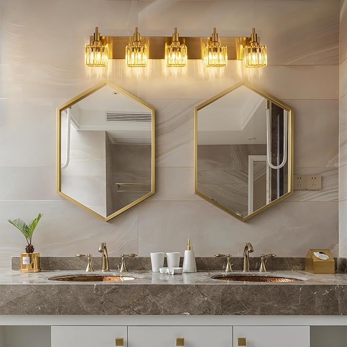 Gold Bathroom Vanity Lights, 5 Lights Crystal Bathroom Lighting Fixtures Over Mirror Modern Gold Crystal Wall Light