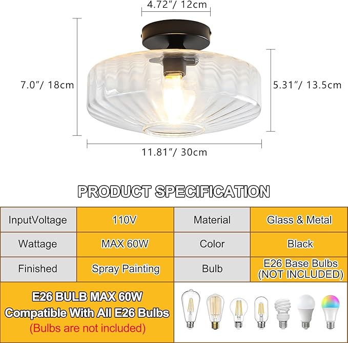 Semi Flush Mount Ceiling Light, 11.8" Vintage Clear Glass Ceiling Lights, 1-Light Mid Century Modern Drum Close to Ceiling Light Fixtures for Bedroom Kitchen Entryway Hallway Porch Foyer