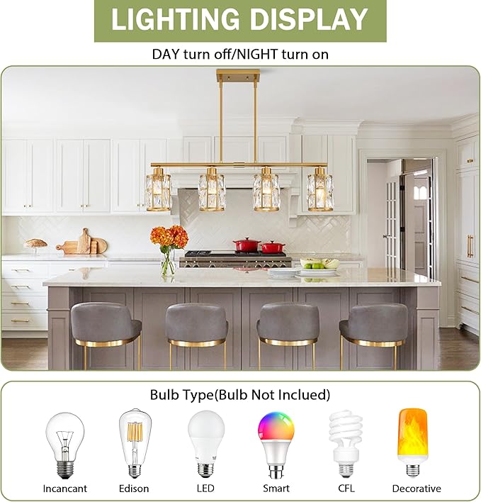 MEXO Crystal Pendant Light Fixture for Kitchen Island Dining Room, Farmhouse Chandelier Gold Close to Ceiling Lightings Over Table, 10068-GD