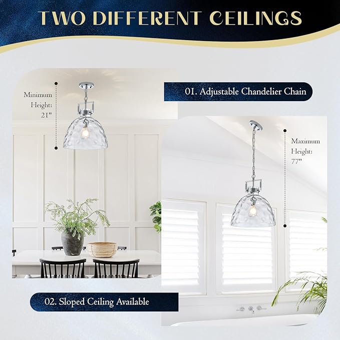 Glass Pendant Light, 13.8 Inch Single Hanging Ceiling Light with Adjustable Chain, E26 Base Oversized Hammered Clear Glass Kitchen Island Pendant Lighting in Polished Chrome for Dining Room, Entryway