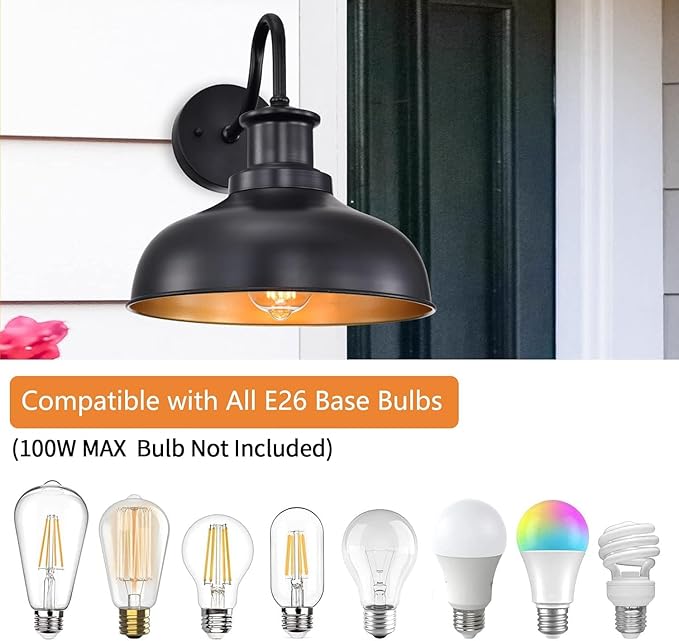 Outdoor Barn Lights, Farmhouse Outdoor Wall Sconces, Rustic Exterior Wall Mount Lights, Vintage Outside Lighting Fixtures, Industrial Black Gold Lanterns for Barn Shed Porch Garage Patio, 2 Pack