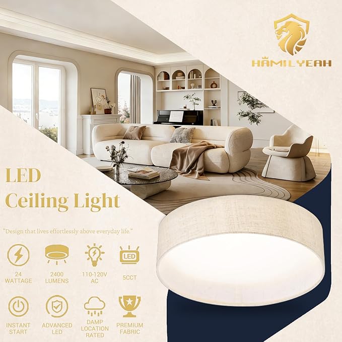 Hamilyeah LED Flush Mount Ceiling Light Fixture Set of 2, Dimmable Ceiling Light Fixture with Fabric Shade 24W 12inch 5CCT, Drum Light Fixture Ceiling Mount for Living Room, Kitchen, Bathroom, Bedroom