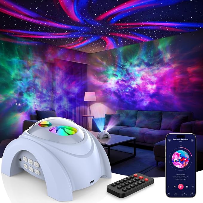 Rossetta Dual Lens Galaxy Projector, Star Projector for Bedroom with White Noise & Bluetooth Speaker, Remote, Timer, Aurora & Nebula Night Light Projector for Room Decor, Gifts for Kids Adults Teens
