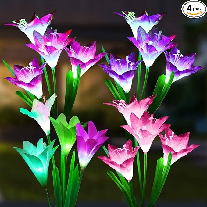 SOLARBABY Solar Lights Outdoor - Lily Flower Solar Garden Lights, 4 Pack Lights Outdoor Waterproof Multicolor Changing LED Flower with Bigger Lily for Patio Yard Pathway Balcony Outdoor Décor