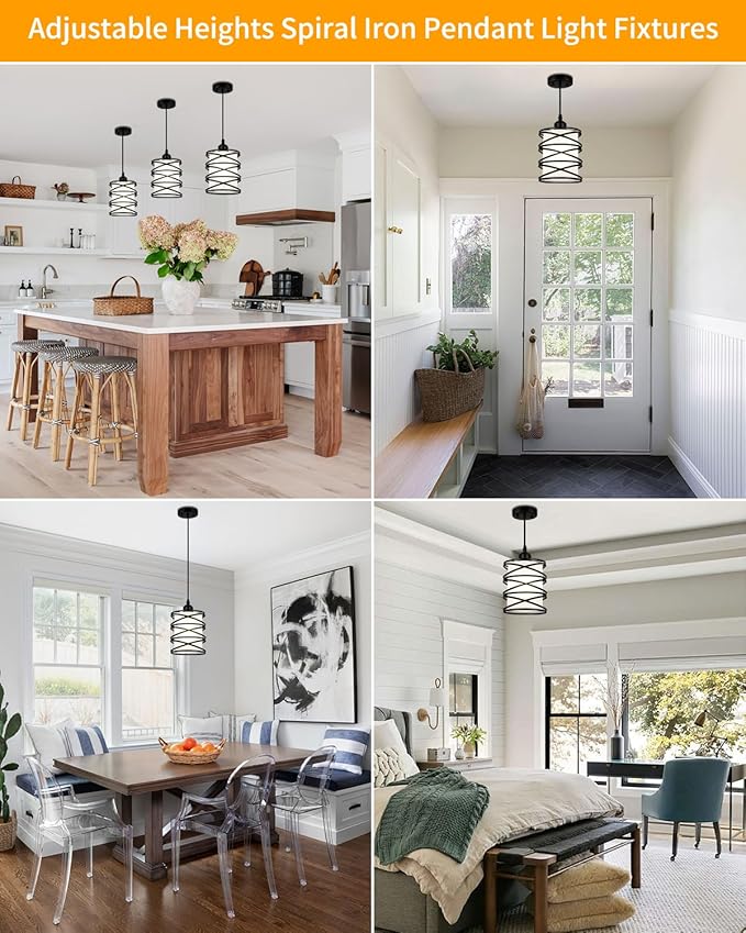 Black Pendant Lights for Kitchen Island, Industrial Pendant Light Fixture with Frosted Glass Shade, Farmhouse Adjustable Spiral Iron Pendant Lighting for Dining Room Foyer Hallway Kitchen
