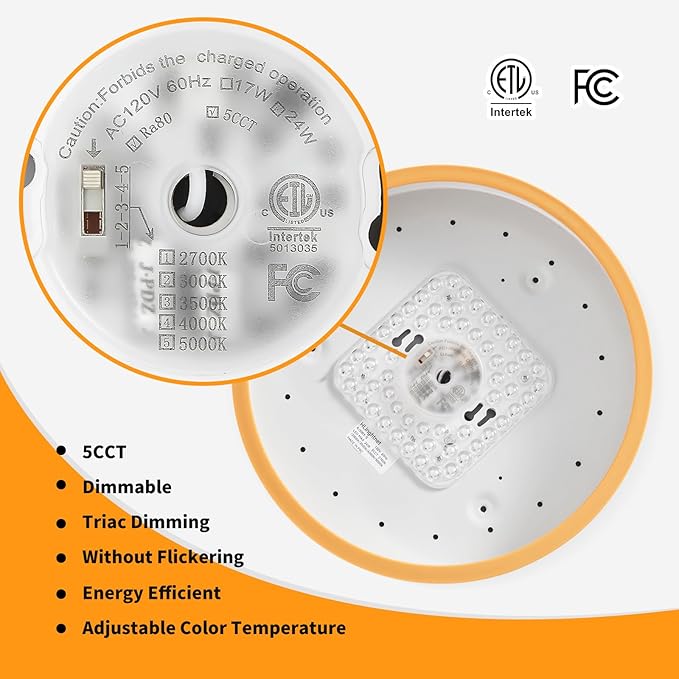 12 Inch 5CCT Thick Metal LED Flush Mount Ceiling Light, White Gold Ceiling Light Fixtures, 24W Dimmable Modern Close to Ceiling Lamps for Kitchen Dining Room Hallway Bedroom Entrance