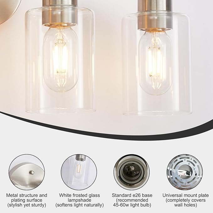 Brushed Nickel Bathroom Light Fixture 3-Light Bathroom Vanity Light Brushed Nickel 3 Light Vanity Lights for Bathrrom with Clear Glass Shades for Living Room Bedroom(E26 Socket)