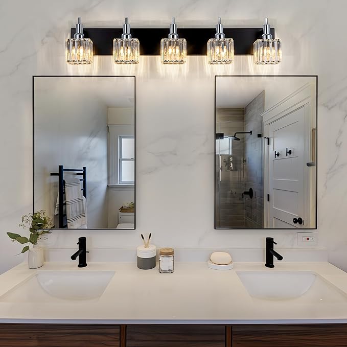 Black Chrome Bathroom Vanity Lights, 5 Lights Modern Crystal Bathroom Lighting Fixtures Over Mirror Crystal Wall Light with Square Shade