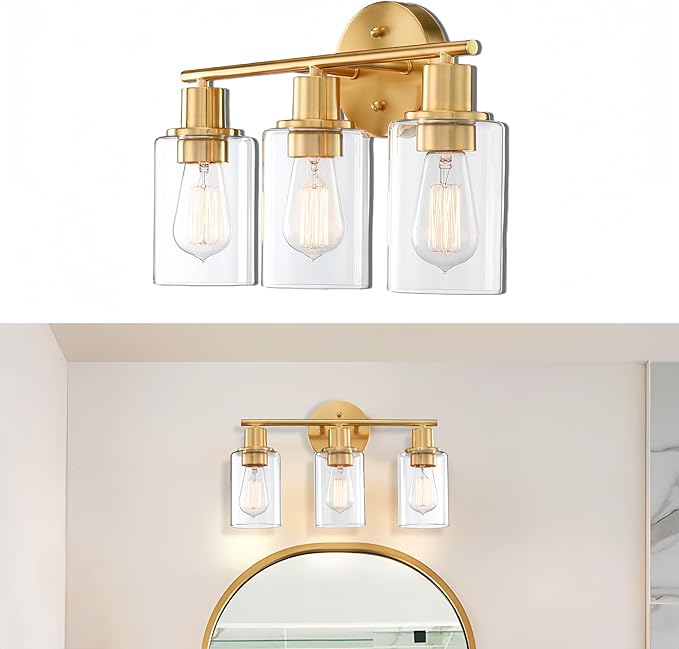 WISBEAM 3-Light Bathroom Vanity Light Over Mirror, Gold Bathroom Wall Sconce with Clear Glass Shade Including E26 Medium Base, Bulb NOT Included