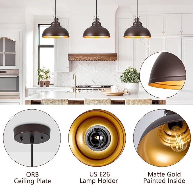 Refice 16 Inch Farmhouse Pendant Lights Kitchen Island Oil Rubbed Bronze Pendant Lighting Industrial Dome Island Pendant Lights, Adjustable Height, Hanging Lights, Dining Room, Barn